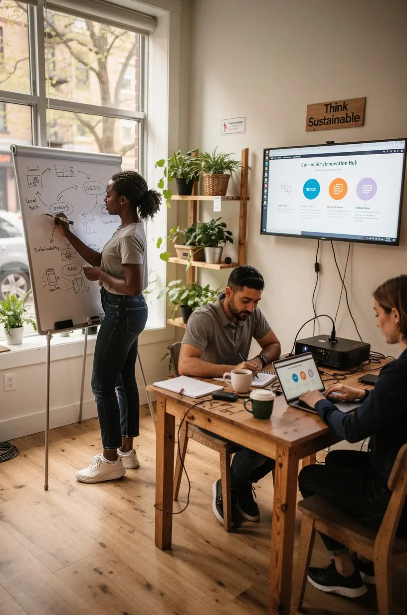 Community members collaborating on renewable energy solutions.